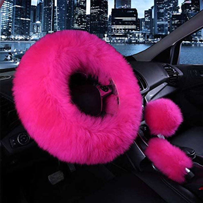 SPANICE 3 Pcs Car Steering Wheel Cover & Handbrake Cover & Gear Shift Cover Set Faux Wool Warm Winter (Rose Red) - Image 1